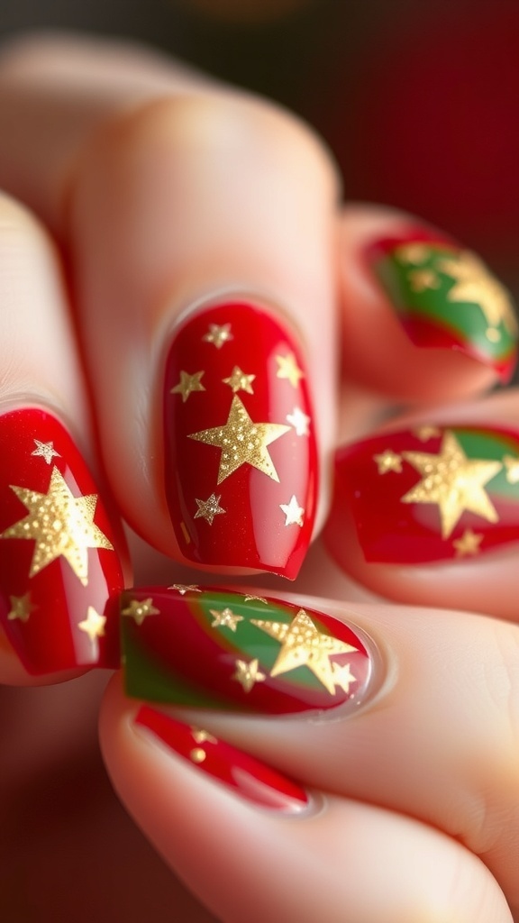 Close-up of Christmas star nail art with red and green polish and gold stars.